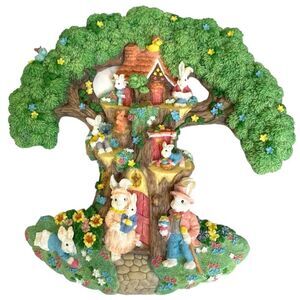 Vintage Easter Bunny Tree House Figurine Rabbit Cottage Spring Decor
